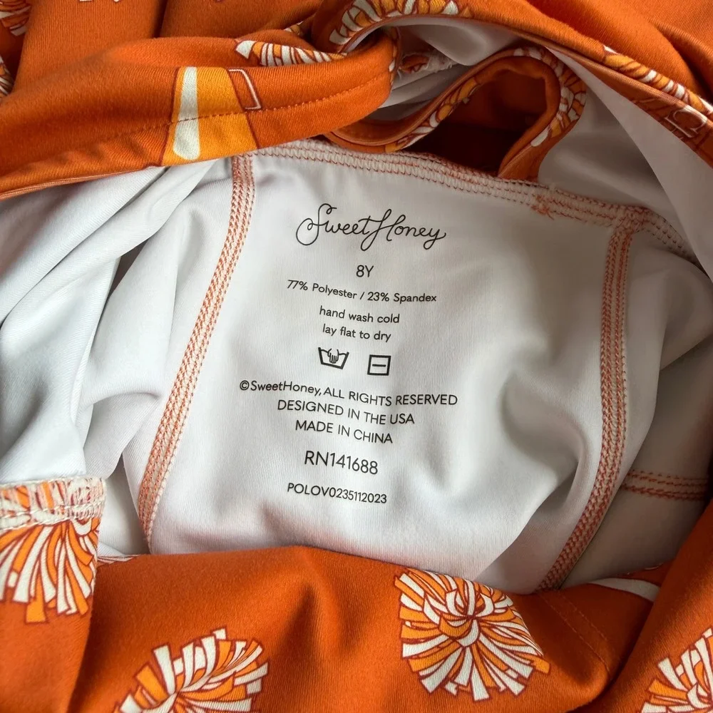 SweetHoney Kids Orange Cheer Print Active Dress with Built-in Shorts Size 8Y